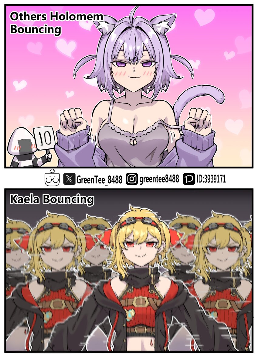 2girls :3 absurdres afterimage ahoge animal_ears black_jacket blonde_hair blush bouncing_breasts breasts camisole cat_ears cat_tail cleavage goggles goggles_on_head heart heart_background highres hololive hololive_indonesia jacket kaela_kovalskia kaela_kovalskia_(4th_costume) midriff multiple_girls nekomata_okayu nekomata_okayu_(membership) onigirya_(nekomata_okayu) purple_eyes purple_hair purple_jacket red_eyes smile strap_slip tail virtual_youtuber zetsuental