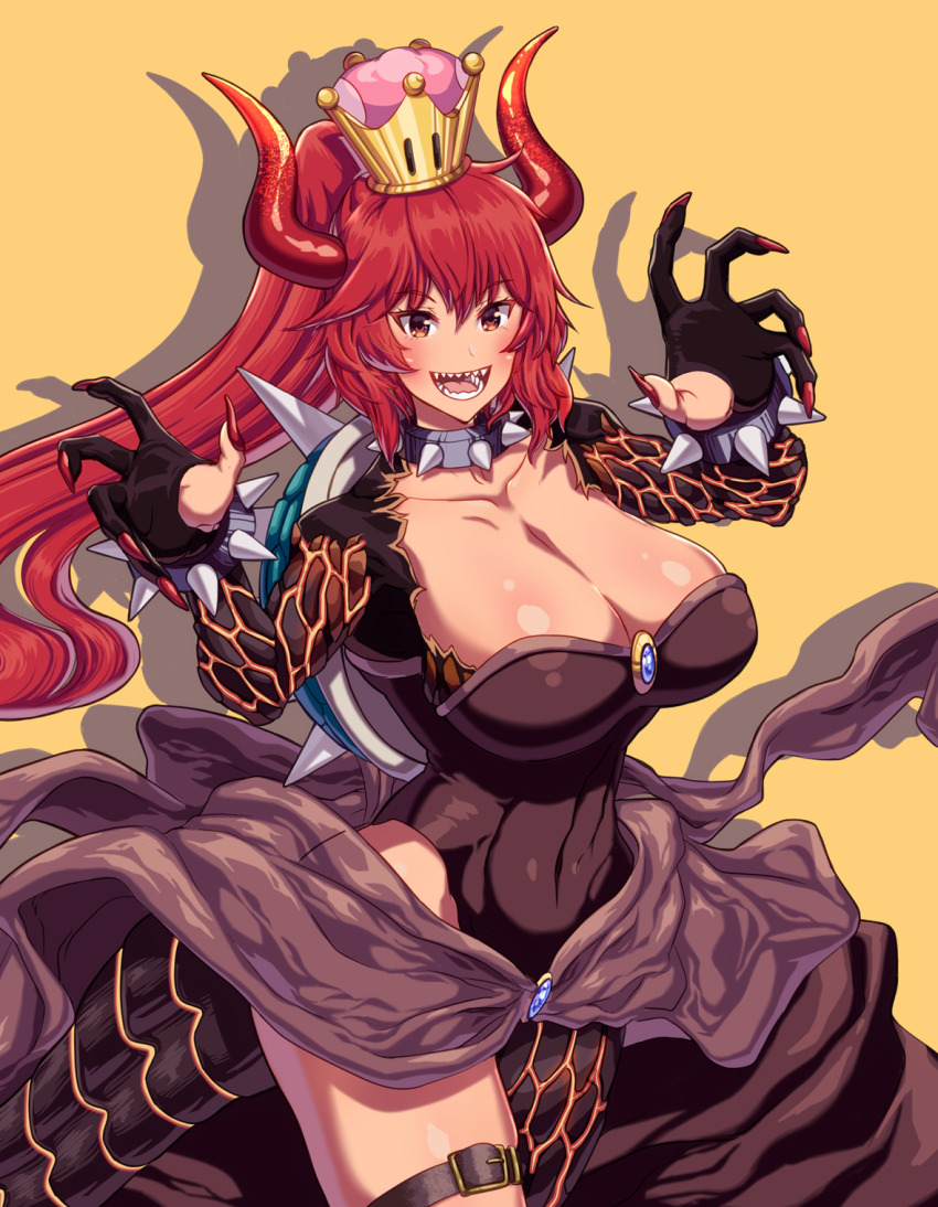 1girl asymmetrical_legwear black_dress blush bowsette bowsette_(cosplay) bracelet breasts claw_pose cleavage collar collarbone commentary cosplay covered_navel crown dola_(1st_costume)_(nijisanji) dola_(nijisanji) dragon_girl dragon_tail dress drop_shadow fingernails highres horns jewelry large_breasts nijisanji open_mouth orange_eyes ponytail red_hair red_nails sharp_fingernails sharp_teeth shirogami_seisho sidelocks smile solo spiked_bracelet spiked_collar spikes super_crown tail teeth thigh_strap toned turtle_shell virtual_youtuber yellow_background