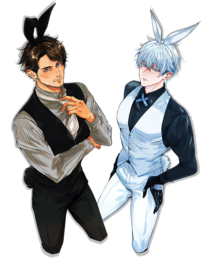 2boys absurdres adjusting_clothes adjusting_necktie andersen_(nikke) animal_ears black_gloves black_pants black_shirt black_tail blue_eyes closed_mouth collared_shirt commentary_request curtained_hair dimjh facial_hair fake_animal_ears fake_tail from_above gloves goddess_of_victory:_nikke hair_between_eyes hand_on_own_hip highres johan_(nikke) long_bangs looking_at_viewer male_focus male_playboy_bunny mature_male multiple_boys necktie nose pants parted_bangs rabbit_ears rabbit_tail shadow shirt short_hair smile striped_clothes striped_shirt stubble swept_bangs tail vest white_background white_hair white_necktie white_pants white_shirt white_tail white_vest