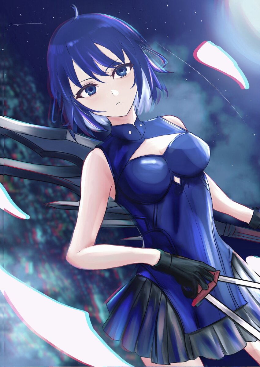 1girl black_gloves black_skirt blue_eyes blue_hair blue_sky blurry blurry_background breasts ciel_(tsukihime) closed_mouth commentary_request gloves highres holding holding_knife knife large_breasts night night_sky outdoors pleated_skirt powered_ciel short_hair skirt sky solo standing star_(sky) throwing_knife tsukihime tsukihime_(remake) ttriwk weapon