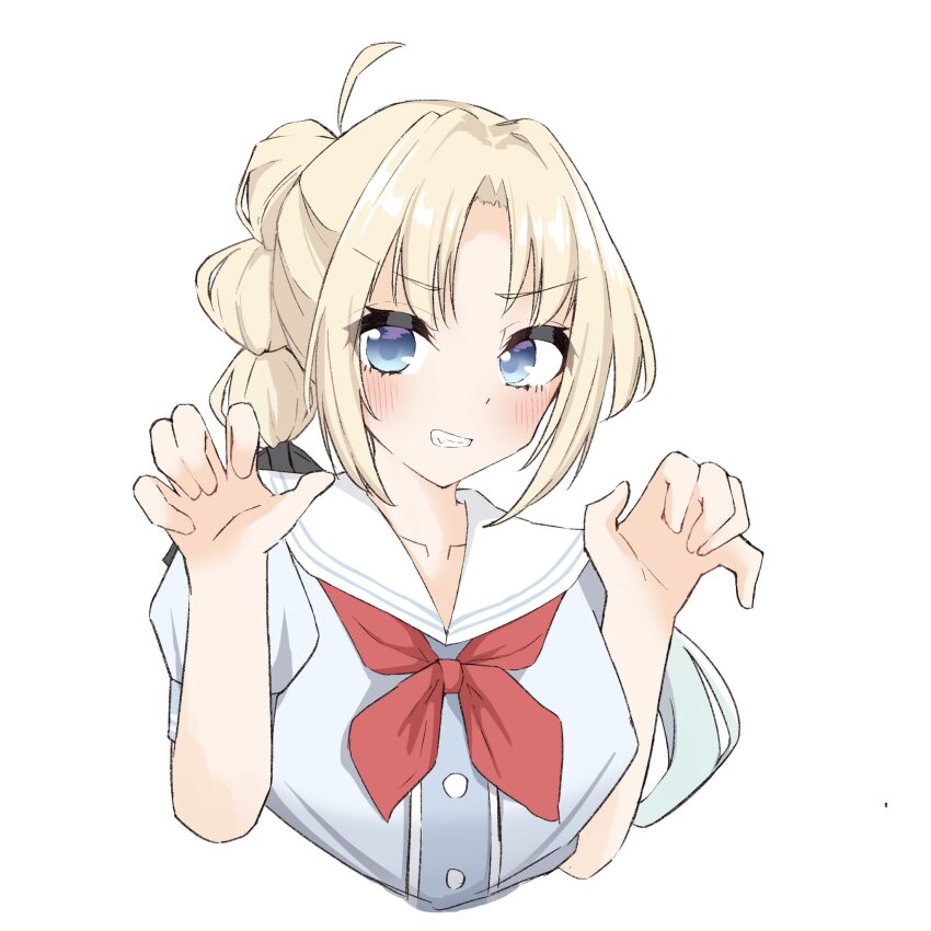 1girl ahoge anyoji_hime black_ribbon blonde_hair blue_eyes blue_hair blush borrowed_hairstyle breasts claw_pose collarbone cropped_torso curtained_hair dress gradient_hair grey_dress grin hair_ribbon hasu_no_sora_school_uniform highres link!_like!_love_live! looking_at_viewer love_live! medium_breasts multi-tied_hair multicolored_hair neckerchief osawa_rurino parted_bangs ponytail red_neckerchief ribbon sailor_collar sailor_dress school_uniform simple_background smile solo tama_hasudan v-shaped_eyebrows virtual_youtuber white_background white_sailor_collar