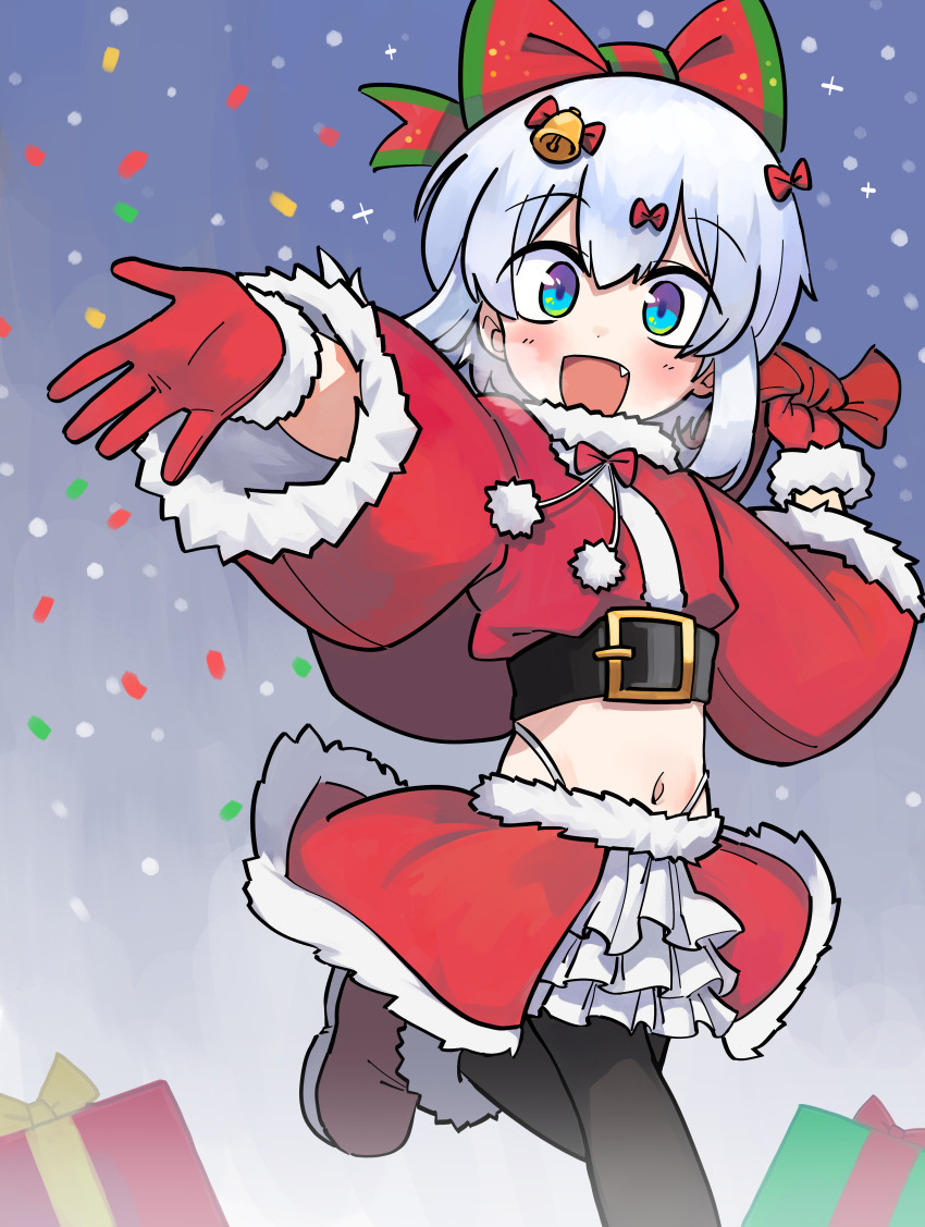 1girl :d absurdres bell belt black_pantyhose blush boots bow bowtie box breath christmas christmas_ornaments christmas_present confetti dot_nose fang foot_out_of_frame fur-trimmed_boots fur-trimmed_gloves fur-trimmed_jacket fur-trimmed_skirt fur_trim gift gift_box gloves grey_hair hair_bell hair_bow hair_ornament high_belt highres holding holding_sack jacket lakilolom layered_skirt looking_at_viewer miniskirt navel open_mouth original overskirt pantyhose puffy_sleeves red_boots red_bow red_bowtie red_gloves sack santa_boots santa_costume santa_gloves simple_background skirt smile snow snowing solo standing standing_on_one_leg white_skirt white_trim