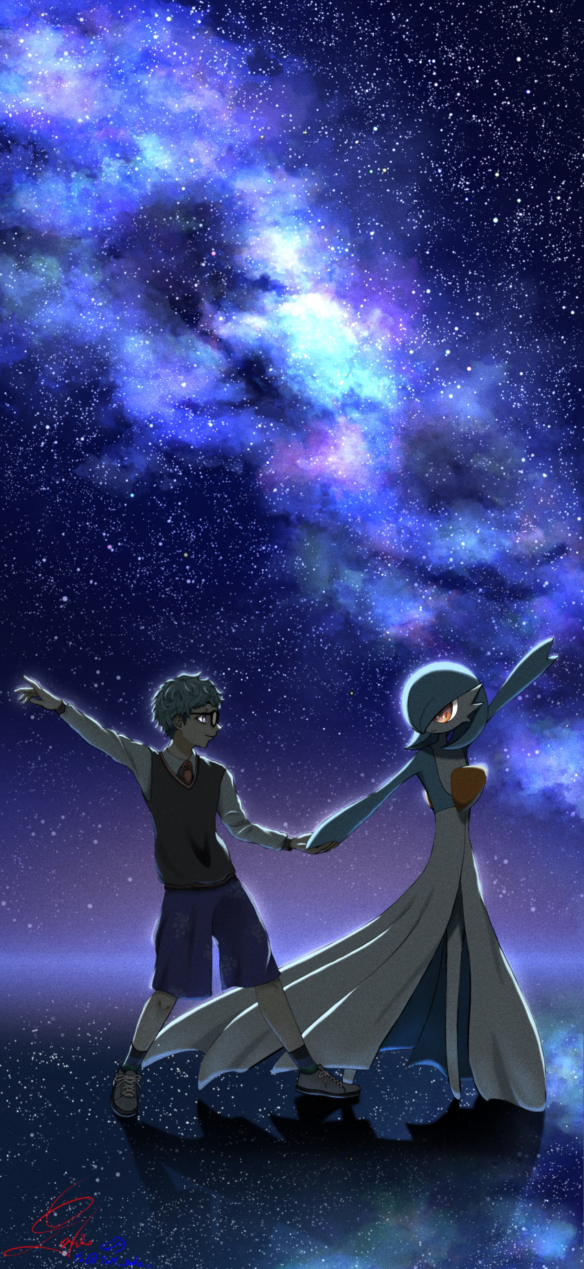 1boy 1girl absurdres alternate_color ankle_socks arm_up artist_name backlighting black-framed_eyewear blue_eyes blue_hair blue_shorts blue_skin bob_cut closed_mouth collared_shirt colored_skin creatures_(company) eye_contact flat_chest florian_(pokemon) full_body galaxy game_freak gardevoir gen_3_pokemon glasses grey_shoes grey_vest hair_over_one_eye happy highres holding_hands horizon long_sleeves looking_at_another multicolored_skin multicolored_socks necktie night nintendo no_feet numeito one_eye_covered orange_eyes orange_necktie outdoors outstretched_arm outstretched_arms pokemon pokemon_(creature) pokemon_sv print_shorts reflection school_uniform shiny_pokemon shirt shoes short_hair shorts signature sky sky_focus smile socks standing star_(sky) starry_sky symmetry two-tone_skin vest white_shirt white_skin