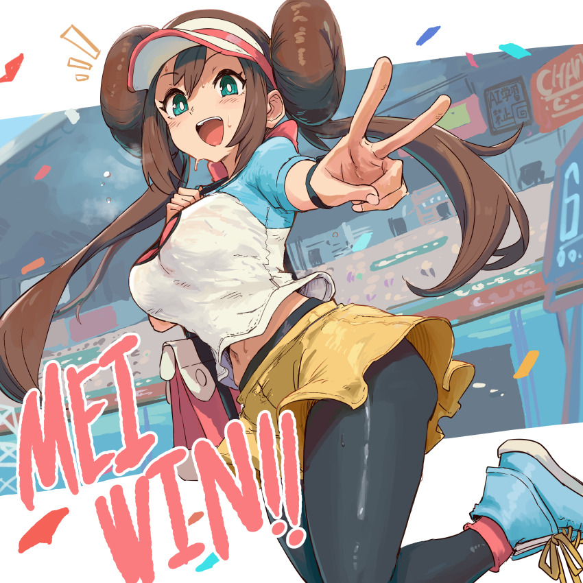 1girl absurdres bag black_pantyhose blue_eyes blush bracelet breasts brown_hair commentary_request donut_hair_bun double_bun hair_bun hat highres ishijimajirou jewelry large_breasts long_hair looking_at_viewer navel nintendo open_mouth pantyhose pantyhose_under_shorts pokemon pokemon_bw2 raglan_sleeves rosa_(pokemon) shirt shorts shoulder_bag smile solo stomach sweat sweatdrop twintails v visor_cap yellow_shorts