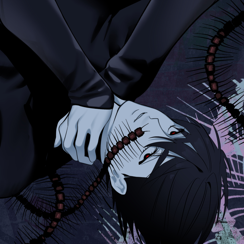 1boy absurdres album_cover_redraw alien_stage black_eyes black_hair black_shirt bug centipede commentary derivative_work hands_on_own_neck highres ivan_(alien_stage) long_sleeves looking_at_viewer male_focus onemu_0928 red_pupils shirt short_hair solo very_short_hair