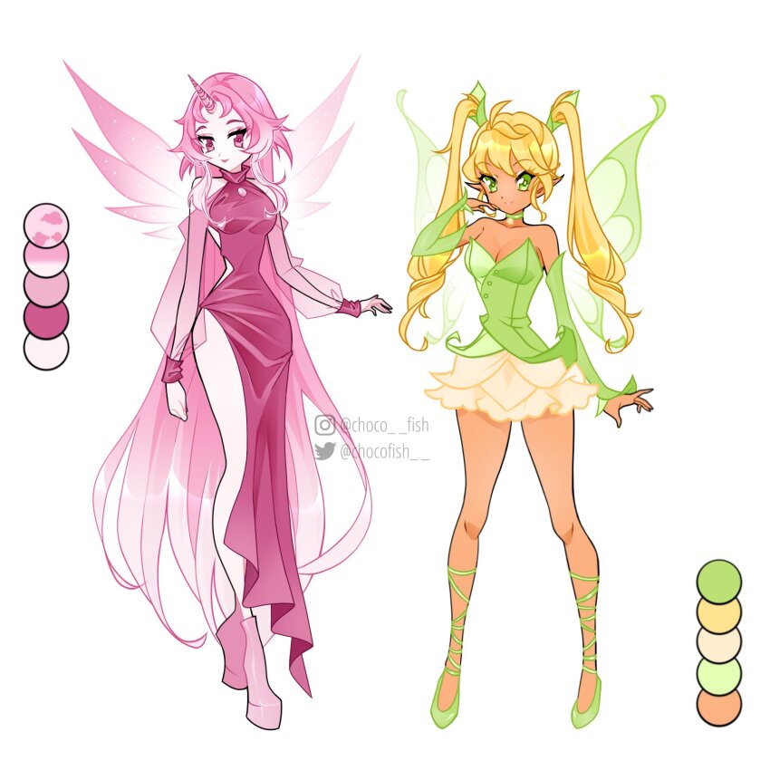 2girls absurdly_long_hair ahoge bad_id bad_twitter_id bare_shoulders bell blonde_hair boots breasts chocofish choker cleavage clenched_hand closed_mouth clothing_cutout collarbone collared_dress color_guide commentary dot_nose dress drill_hair english_commentary fairy fairy_wings flats frilled_skirt frills full_body green_arm_warmers green_choker green_ribbon green_shirt green_shoes green_wings hand_on_own_cheek hand_on_own_face high_collar highres horns knees large_breasts leg_ribbon lipstick long_dress long_hair long_sleeves looking_at_viewer magical_girl makeup miniskirt multiple_girls neck_bell original pale_skin pink_boots pink_dress pink_eyes pink_hair pink_horns pink_lips pink_sleeves pink_wings platform_boots pointy_ears puffy_long_sleeves puffy_sleeves reference_sheet ribbon shirt shoes shoulder_cutout side_slit simple_background single_bare_leg skirt smile standing straight_hair strapless strapless_shirt swept_bangs tan tight_clothes twin_drills twintails unicorn_horn very_long_hair white_background white_skirt wings winx_club