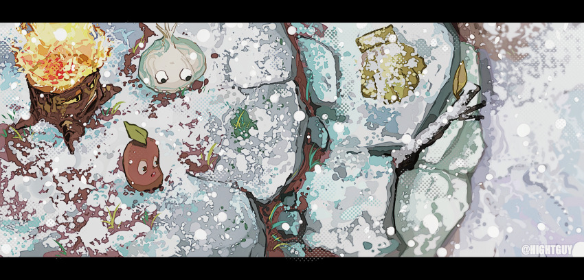 coffee_bean_(plants_vs._zombies) garlic_(plants_vs._zombies) highres hightguy letterboxed no_humans plant plants_vs._zombies snow torchwood_(plants_vs_zombies)