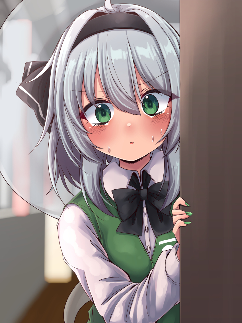 1girl black_bow black_bowtie black_hairband blush bow bowtie collared_shirt commentary green_eyes green_nails green_vest grey_hair hairband highres hitodama hitodama_print konpaku_youmu konpaku_youmu_(ghost) long_hair long_sleeves open_mouth shirt siw0n solo stalking sweat textless_version touhou vest white_shirt