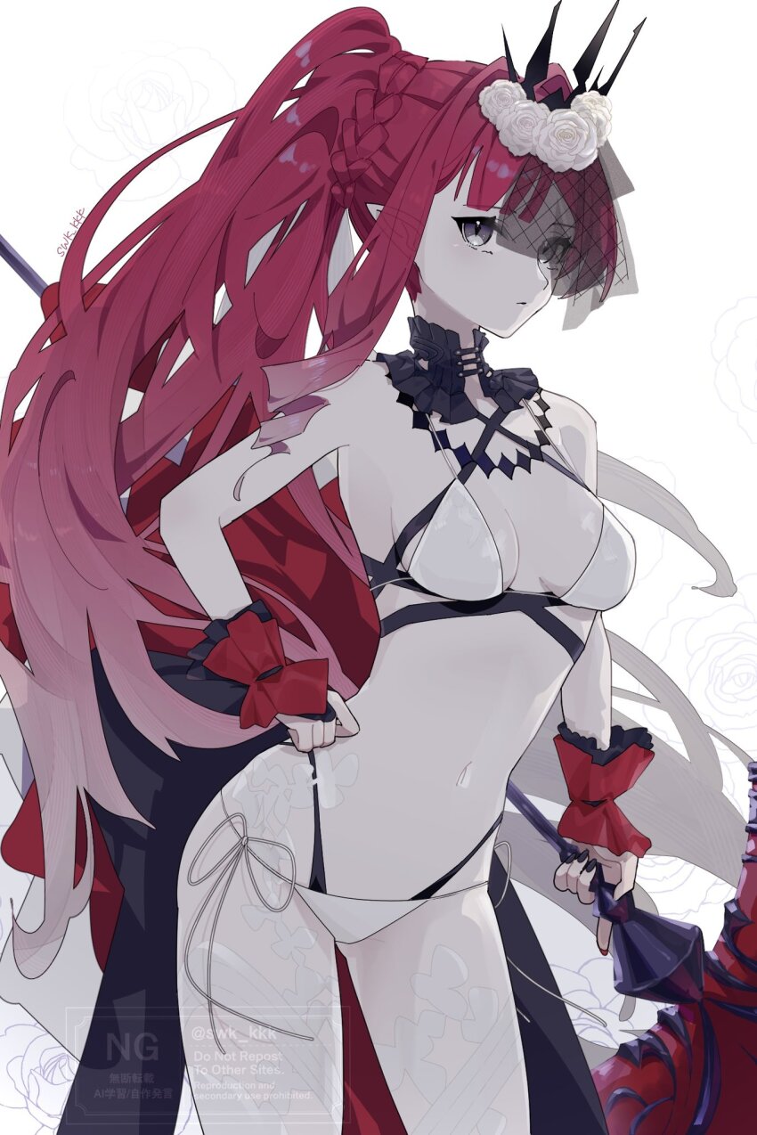 1girl baobhan_sith_(fate) baobhan_sith_(swimsuit_pretender)_(fate) baobhan_sith_(swimsuit_pretender)_(third_ascension)_(fate) bikini breasts bridal_gauntlets detached_collar fate/grand_order fate_(series) flower grey_eyes hair_flower hair_ornament hammer hand_on_own_hip highres holding holding_hammer holding_weapon long_hair looking_at_viewer navel pink_hair pointy_ears ponytail solo suwa_(swk_kkk) swimsuit tiara veil weapon white_background white_bikini white_flower
