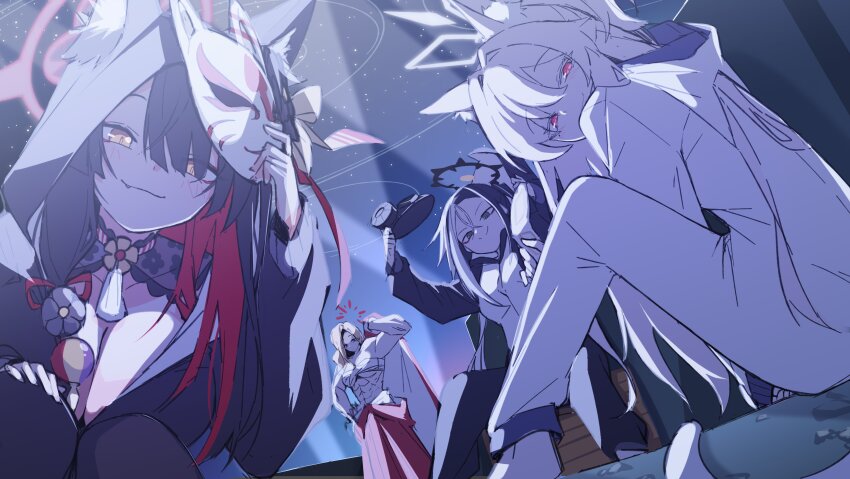 4girls abs absurdres akemi_(blue_archive) akira_(blue_archive) animal_ear_fluff animal_ears black_dress black_hair blonde_hair blue_archive breasts cat_ears chinese_clothes dress fox_ears fox_girl gas_mask gloves halo highres kai_(blue_archive) long_hair mask mmhomm multicolored_hair multiple_girls muscular muscular_female pants red_eyes sarashi shirt solo two-tone_hair wakamo_(blue_archive) yellow_eyes