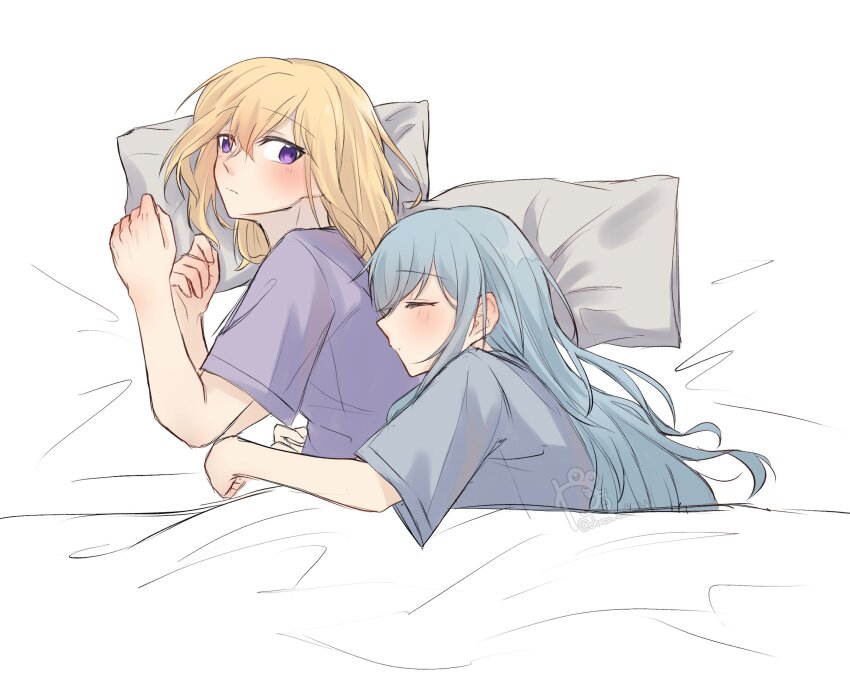 2girls bang_dream! bang_dream!_it&#039;s_mygo!!!!! blonde_hair blue_hair blue_shirt blush closed_eyes closed_mouth commentary cuddling from_above hashtag-only_commentary highres kaeru_(kaeee41917105) long_hair medium_hair misumi_uika multiple_girls pillow purple_eyes purple_shirt shirt simple_background togawa_sakiko under_covers white_background yuri