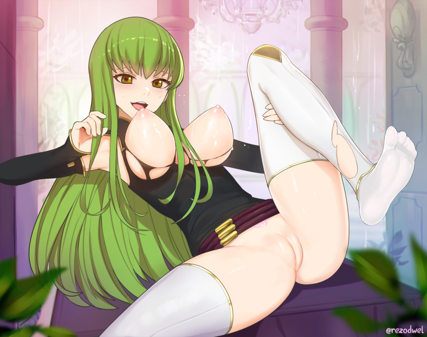 1girl ass bad_id bad_twitter_id blush breasts c.c. cleft_of_venus code_geass detached_sleeves fat_mons green_hair highres large_breasts long_hair looking_at_viewer nipples no_bra pussy revealing_clothes rezodwel self-upload shiny_skin soles solo thighhighs thighs toes uncensored very_long_hair yellow_eyes