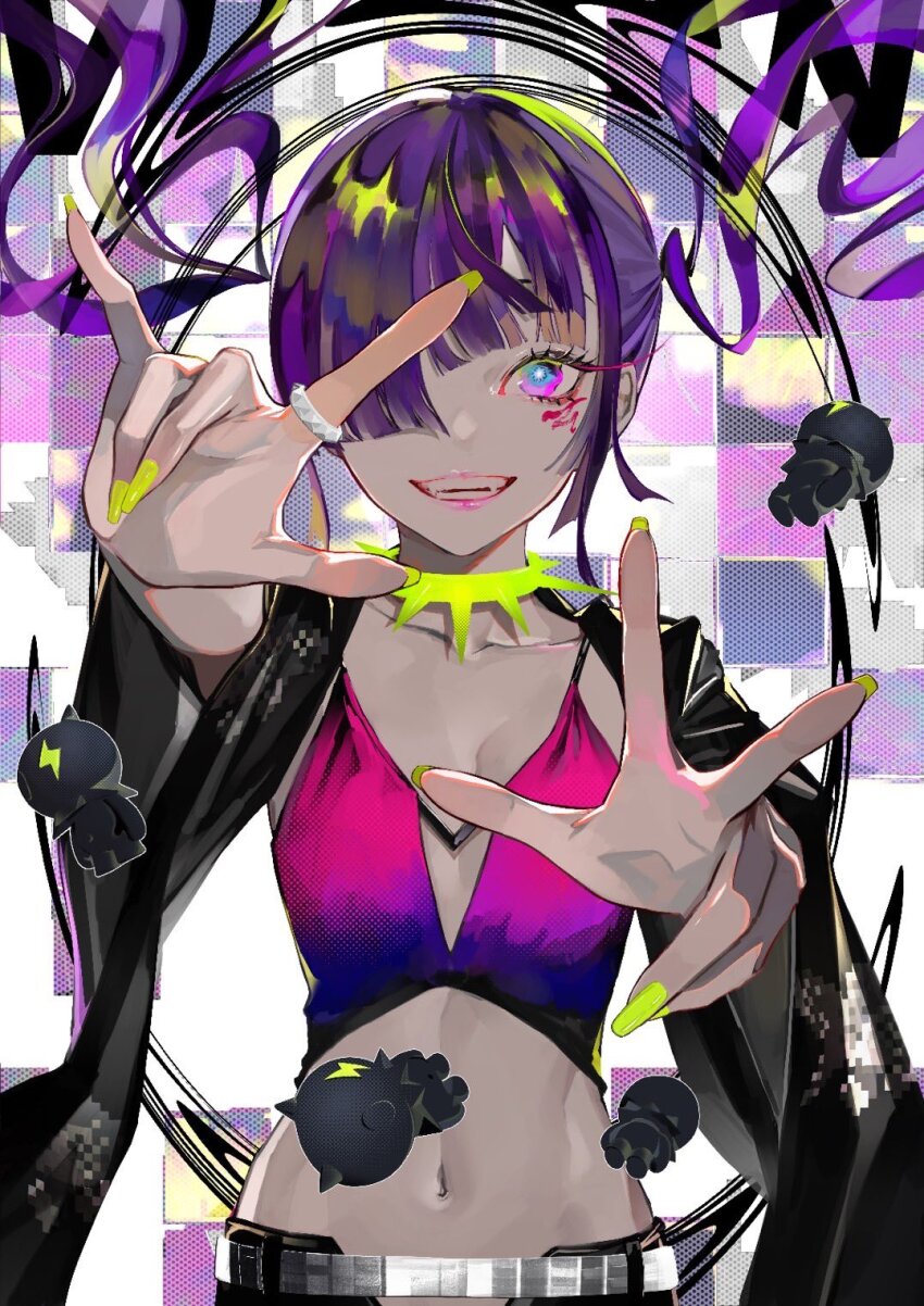 1girl belt breasts bright_pupils charm_(object) collar collarbone commentary_request fangs floating_hair glowing_nails hair_over_one_eye highres jewelry lam_(ramdayo) lightning_bolt_symbol long_hair looking_at_viewer midriff multicolored_eyes nail_polish navel neon_palette original outstretched_arms parted_lips purple_hair ring small_breasts solo spiked_collar spikes teeth upper_body yellow_nails