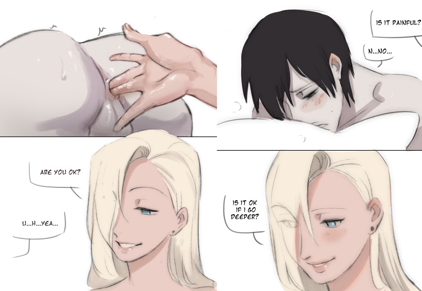 1boy 1girl absurdres anal anal_fingering anus ass blonde_hair blush boruto:_naruto_next_generations embarrassed english_text female_fingering_male femdom fingering fisting hetero highres husband_and_wife male_focus male_penetrated monday_mint naruto_(series) pale_skin prostate_milking sai sweat testicles yamanaka_ino