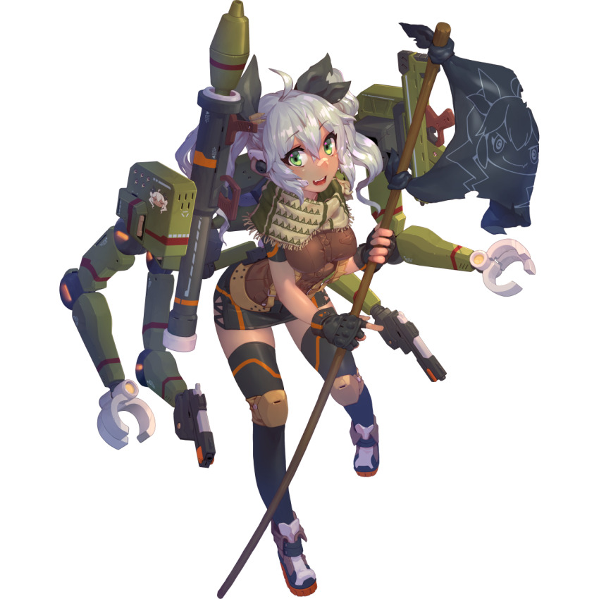 1girl ada_(final_gear) ahoge artist_request bandage_on_face bandages bandaid bandaid_on_face bandaid_on_nose belt black_gloves black_skirt black_sleeves black_thighhighs breast_pocket brown_belt brown_shirt buttons character_print claws dress_shirt final_gear fingerless_gloves flag full_body gloves green_eyes gun highres holding holding_flag holding_gun holding_stick holding_weapon knee_pads long_hair mechanical_arms miniskirt multicolored_footwear official_art open_mouth pocket rocket_launcher rpg_(weapon) scarf shirt short_sleeves side_slit simple_background skirt solo stick tachi-e teeth thighhighs third-party_source torn_flag transparent_background twintails two-tone_scarf two-tone_sleeves two-tone_thighhighs two_side_up upper_teeth_only weapon white_hair