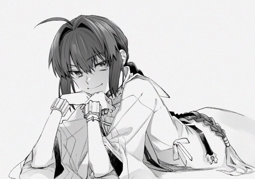 1other androgynous armrest bracelet braid fate/samurai_remnant fate_(series) fu_rori greyscale hair_intakes head_rest japanese_clothes jewelry long_braid lying monochrome necklace on_stomach simple_background single_braid smile smug solo yamato_takeru_(fate)
