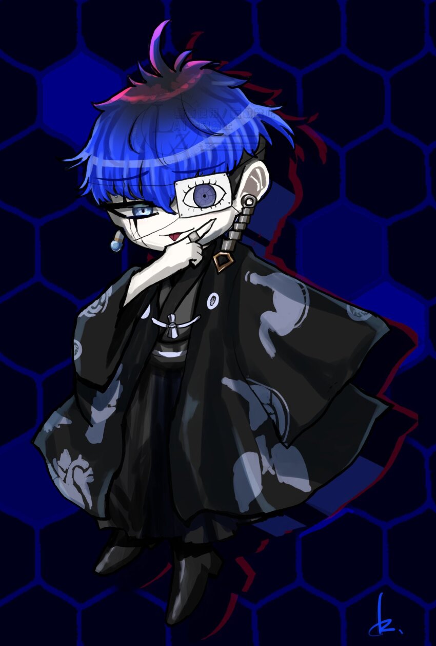 1boy ahoge black_hair blue_eyes blue_hair earrings eyepatch hand_up hexagon highres honeycomb_(pattern) honeycomb_background japanese_clothes jewelry looking_at_viewer male_focus matching_hair/eyes multicolored_hair omokage_yugamu one_eye_covered simple_background solo solo_focus the_hundred_line_-last_defense_academy- tongue tongue_out