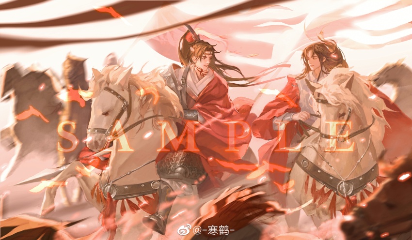 2boys absurdres armor bridle brown_hair chinese_clothes chinese_commentary closed_mouth eye_contact flag full_body han_he hanfu headband high_ponytail highres holding holding_reins horse horseback_riding leg_armor long_hair long_sleeves looking_at_another male_focus multiple_boys ponytail red_hanfu red_headband reins riding smile sun_ce_(wang_chuan_feng_hua_lu) wang_chuan_feng_hua_lu watermark weibo_watermark wide_sleeves xiao_guan_(headdress) zhou_yu_(wang_chuan_feng_hua_lu)