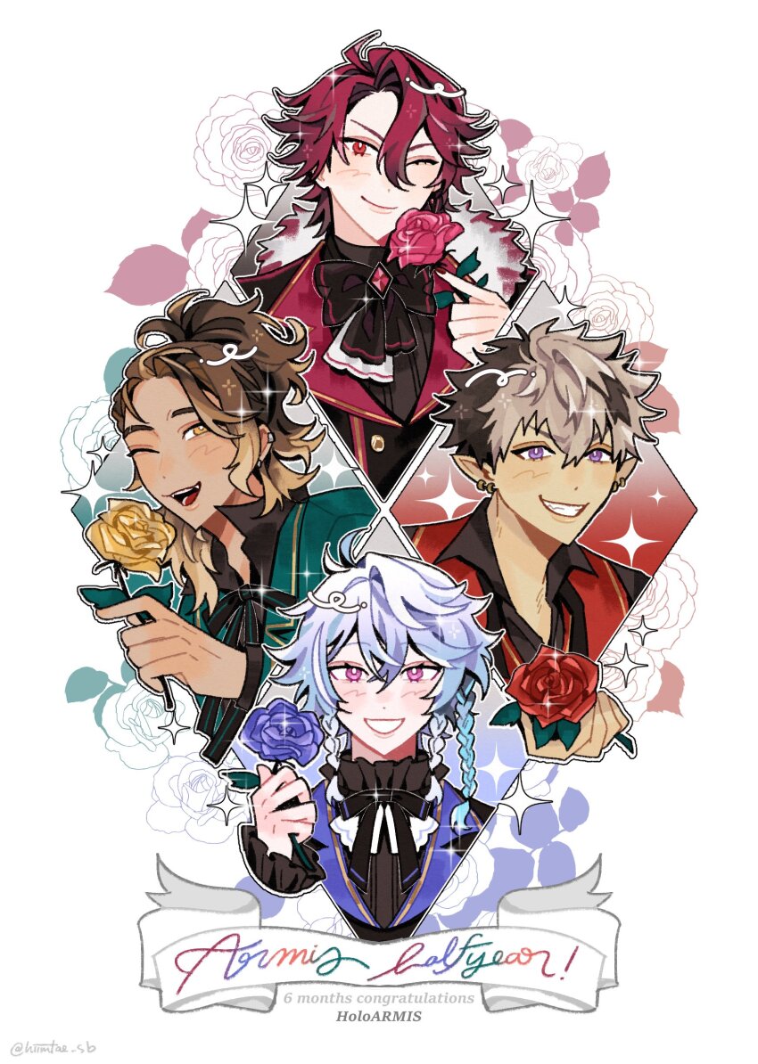 4boys ;) absurdres black_shirt blonde_hair blue_collar blue_flower blue_rose bow bowtie braid brown_hair collar collared_shirt crimzon_ruze dark-skinned_male dark_skin diamond_(shape) english_text floral_background flower formal_clothes gold_trim goldbullet green_jacket grin highres hiimtae_sb holding holding_flower holoarmis holostars holostars_english jacket jurard_t_rexford male_focus multicolored_hair multiple_boys octavio one_eye_closed outline pink_flower pink_rose pointy_ears popped_collar red_collar red_flower red_hair red_rose red_vest rose shirt smile sparkle suit tri_braids two-tone_hair upper_body vest virtual_youtuber white_outline yellow_flower yellow_rose