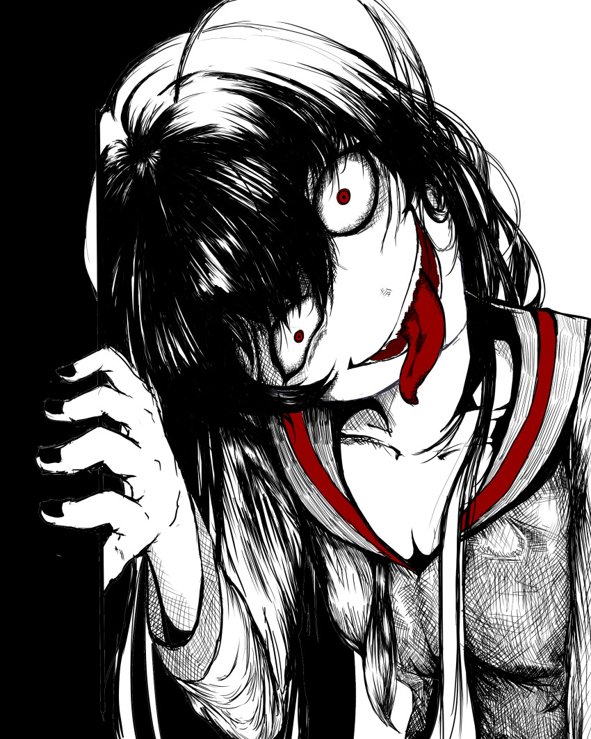 180_head_tilt 1girl absurdres blue_archive darauk11 evil_grin evil_smile grin head_tilt highres long_hair looking_at_viewer open_mouth red_eyes smile solo spot_color tongue tongue_out tsurugi_(blue_archive)
