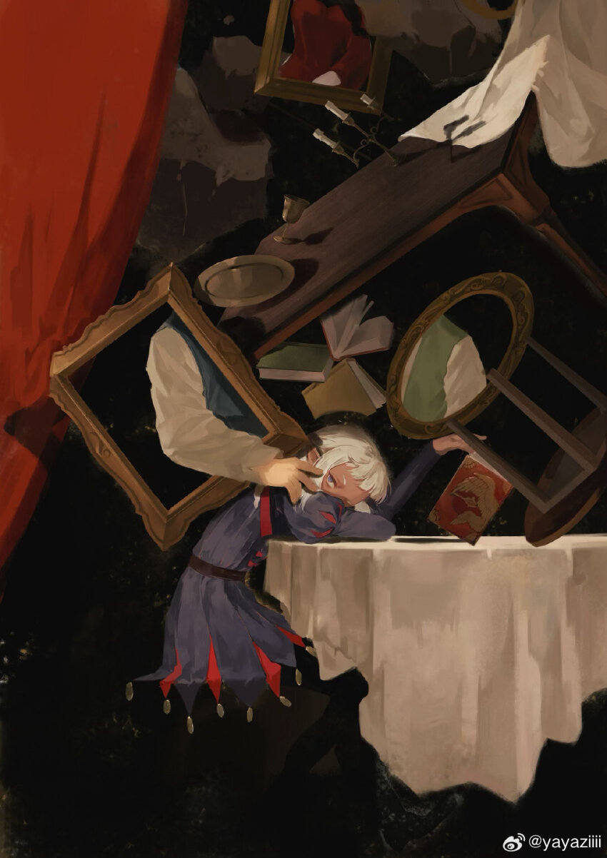 2boys arm_on_table belt belt_buckle black_background black_belt blue_dress blue_vest blunt_bangs book buckle buttons candle candlestand chalice character_request chinese_commentary commentary_request covered_mouth cropped_legs cup curtains dress dungeon_meshi elbow_on_table elf french_commentary green_eyes hand_on_another&#039;s_shoulder head_on_table highres holding holding_book juliet_sleeves long_sleeves looking_at_viewer male_focus mirror mixed-language_commentary multiple_boys one_eye_closed open_book painting_(object) picture_frame plate pointy_ears puffy_sleeves shirt short_hair solo_focus tablecloth thistle_(dungeon_meshi) vest watermark weibo_watermark white_hair white_shirt yayaziiii