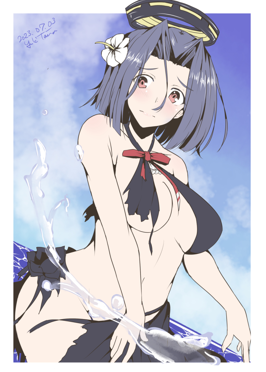 1girl artist_name bare_shoulders bikini commentary_request damaged dated flower hair_flower hair_ornament headgear hibiscus highres kantai_collection navel ocean official_alternate_costume partially_submerged purple_hair red_eyes short_hair solo swimsuit taira_yuuki tatsuta_(kancolle) tatsuta_(swimsuit)_(kancolle) torn_bikini torn_clothes water