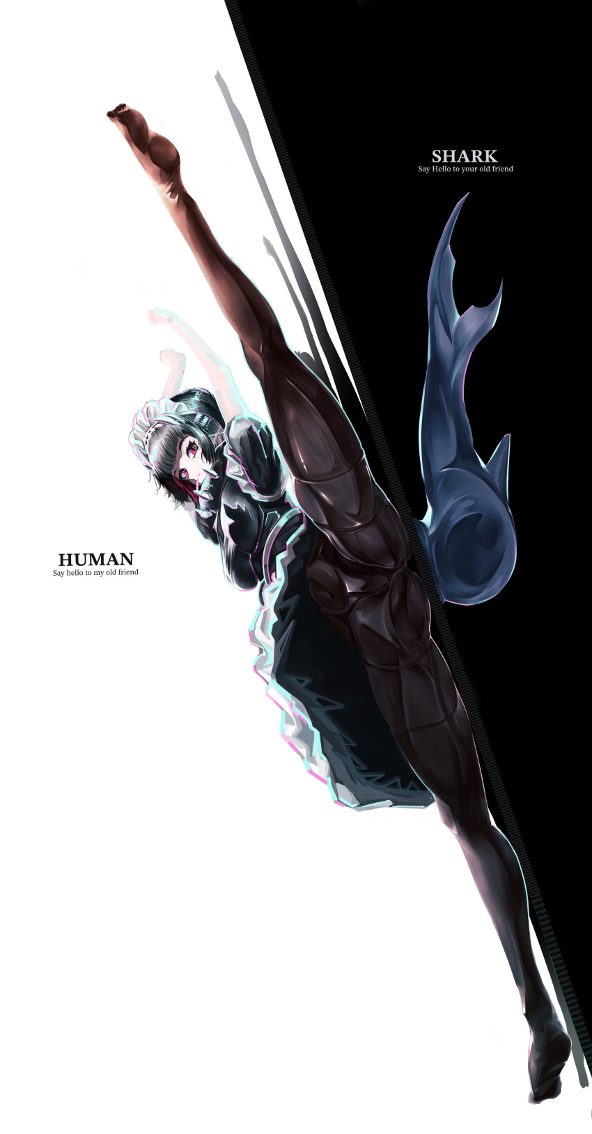 absurdres ass black_hair breasts cameltoe ellen_joe fins fish_tail highres looking_at_viewer maid medium_breasts red_eyes shark_girl shark_tail spread_legs tail vuqozu zenless_zone_zero