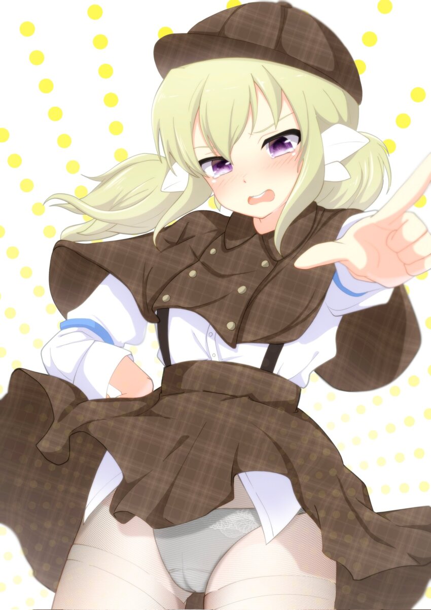 1girl betterthanbone2 blonde_hair blush breasts brown_capelet brown_hat brown_shawl brown_skirt cameltoe capelet clothes_lift corrupted_twitter_file deerstalker detective embarrassed grey_panties hair_between_eyes hair_ribbon hand_on_own_hip hat highres kafuru_(senran_kagura) long_sleeves looking_at_viewer low_twintails open_mouth panties pantyhose pantyshot plaid_capelet plaid_clothes pointing pointing_at_viewer purple_eyes ribbon senran_kagura senran_kagura_estival_versus shawl shirt skirt skirt_lift solo standing sunburst sunburst_background suspender_skirt suspenders tearing_up tears teeth twintails underwear upper_teeth_only white_background white_pantyhose white_ribbon white_shirt wind wind_lift