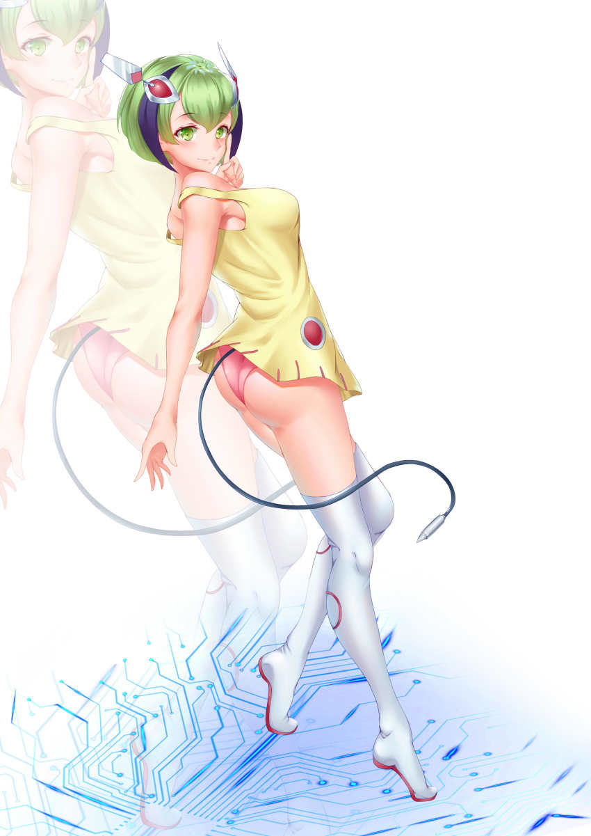 1girl absurdres android ass bare_shoulders black_hair blush boots breasts cable cable_tail dimension_w dress female_focus green_eyes green_hair headgear highres looking_at_viewer mechanical_tail medium_breasts multicolored_hair panties pantyshot qian_bao_liushang short_dress short_hair smile solo streaked_hair tail thigh_boots thighhighs two-tone_hair underwear yurizaki_mira