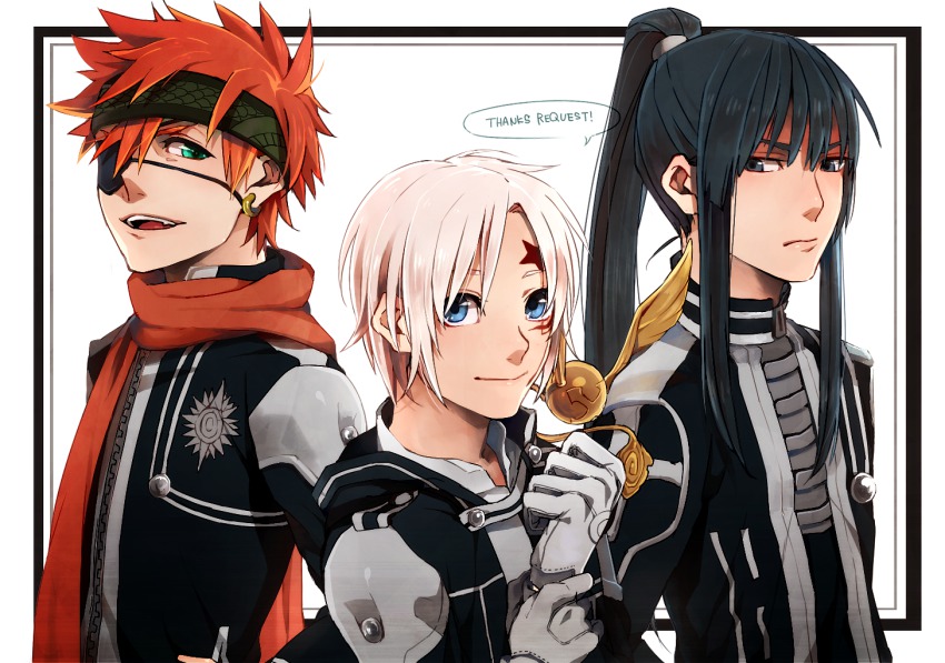 3boys allen_walker black_hair d.gray-man eyepatch ichita_kuuto kanda_yuu lavi male_focus multiple_boys orange_eyes ponytail scar white_hair
