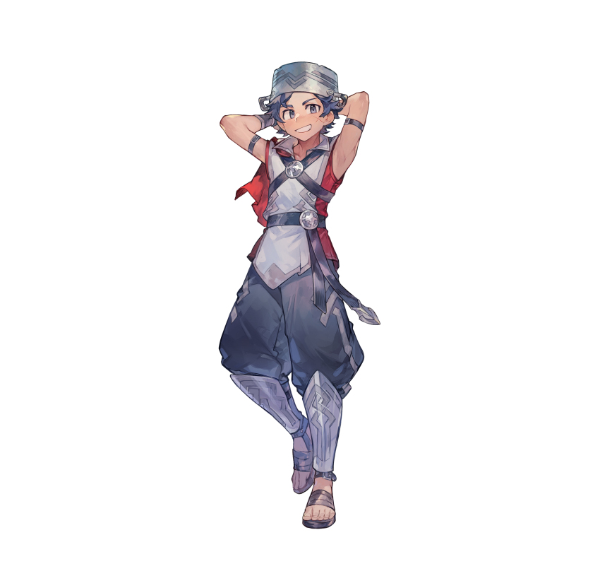 1boy absurdres armored_legwear armpits arms_behind_head blue_eyes blue_hair cape commentary_request donnel_(fire_emblem) donnel_(resplendent)_(fire_emblem) fire_emblem fire_emblem_awakening fire_emblem_heroes highres looking_at_viewer male_focus nintendo official_alternate_costume official_art open_mouth pants pot_on_head red_cape sandals scar scar_on_face short_hair simple_background sleeveless smile solo tapioka_chaso teeth tunic white_background