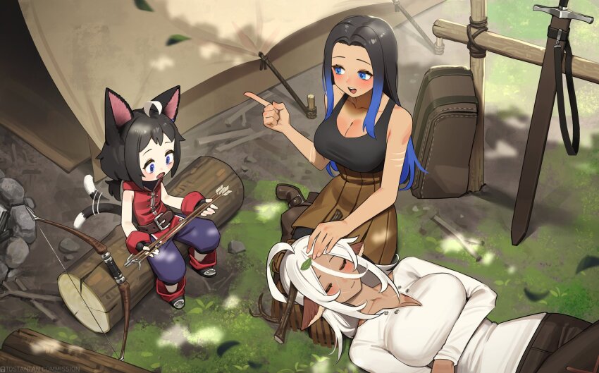 3girls :d :o afterimage ahoge animal_ears antlers arrow_(projectile) artist_name backpack bag belt black_hair black_pants black_tank_top blue_eyes blue_hair blue_pants blush bow_(weapon) breasts brown_skirt cat_ears cat_girl cat_tail child cleavage closed_eyes commentary commission deer_ears deer_teacher_(tostantan) english_commentary gradient_hair grass high-waist_skirt highres holding holding_arrow horns index_finger_raised lap_pillow large_breasts leaf long_hair long_sleeves lying multicolored_hair multiple_girls on_back open_mouth original outdoors pants pleated_skirt ponytail scar scar_on_arm sheath sheathed short_hair short_ponytail sitting sitting_on_log skirt smile sword tail tail_wagging tank_top tent tostantan unworn_backpack unworn_bag weapon