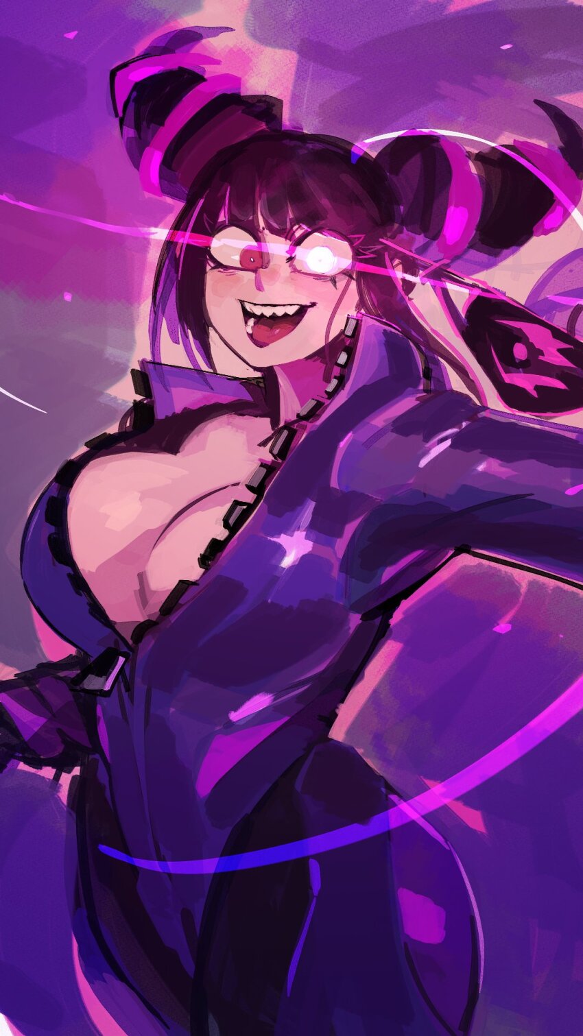 1girl 33dot biker_clothes bikesuit black_hair bodysuit breasts cleavage cowboy_shot drill_hair eyepatch glowing glowing_eye hair_horns han_juri highres large_breasts looking_at_viewer multicolored_hair open_mouth partially_unzipped pink_hair purple_bodysuit purple_bodysuit purple_eyes sharp_teeth smile solo street_fighter street_fighter_v teeth twin_drills two-tone_hair unworn_eyepatch