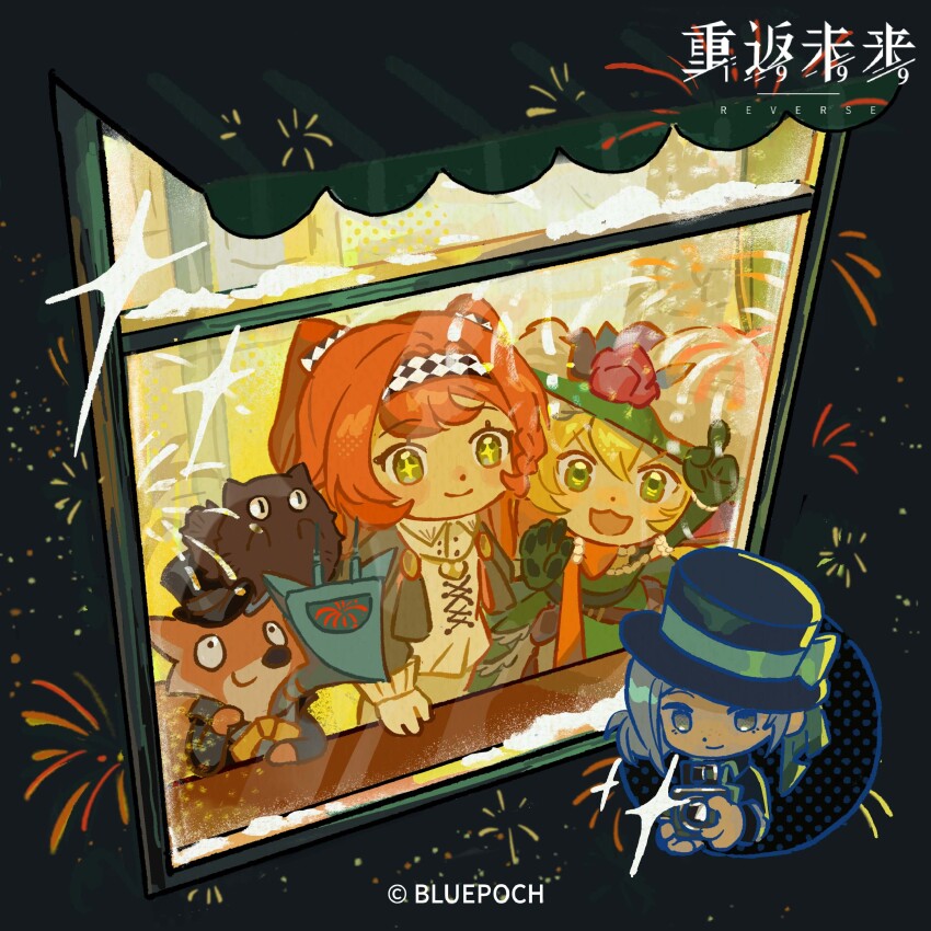 +_+ 3girls :d absurdres arm_up black_background black_coat black_hat blonde_hair blue_bow boater_hat bow camera carbuncle_(reverse:1999) checkered_hairband closed_mouth coat copyright_name copyright_notice creature creature_on_head deformed dress elbow_gloves fireworks flower fox from_outside gloves green_dress green_eyes green_gloves green_hat grey_cloak grey_eyes grey_hair grey_sleeves hair_bun hairband hand_on_window hands_up hat hat_bow hat_feather hat_flower highres holding holding_camera index_finger_raised logo long_hair long_sleeves looking_outside mechanical_head multiple_girls multiple_heads official_art open_mouth orange_bow reverse:1999 short_hair single_side_bun sleeveless sleeveless_dress smile snow sonetto_(reverse:1999) sotheby sparkle top_hat two-headed_fox_(reverse:1999) two_side_up v-shaped_eyebrows vertin_(reverse:1999) white_dress white_gloves window