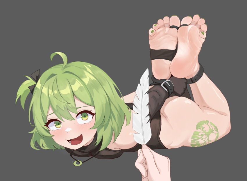 absurdres barefoot bound bound_ankles feet green_hair highres hogtie jager nail_polish original pov pov_hands soles stirrup_legwear stomach tearing_up tickling toeless_legwear toenail_polish toenails toes