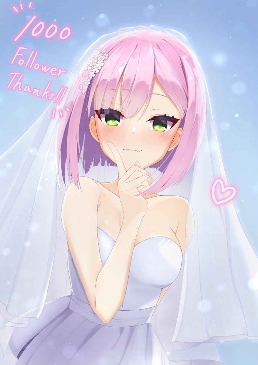 1girl absurdres alternate_costume arm_behind_back bare_shoulders blue_background blunt_ends blush bob_cut breasts bridal_veil cleavage closed_mouth collarbone commentary_request cowboy_shot dress english_text eyelashes fang green_eyes hair_between_eyes hand_up heart heart_in_eye highres index_finger_raised large_breasts looking_at_viewer milestone_celebration notice_lines obsidiaki pink_hair see-through_clothes see-through_veil simple_background skin_fang smile solo straight_hair strapless strapless_dress symbol_in_eye tanikaze_amane tenshi_souzou_re-boot! veil wedding_dress white_dress white_veil