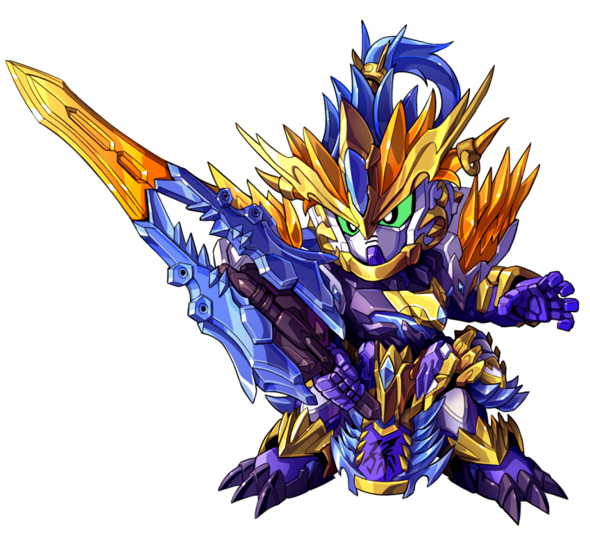 alternate_color green_eyes gundam gundam_astray_blue_frame gundam_seed gundam_seed_astray highres holding holding_sword holding_weapon mecha no_humans open_hand robot sd_gundam sd_gundam_world_heroes solo sun_ce sun_ce_gundam_astray sword taedu v-fin weapon white_background
