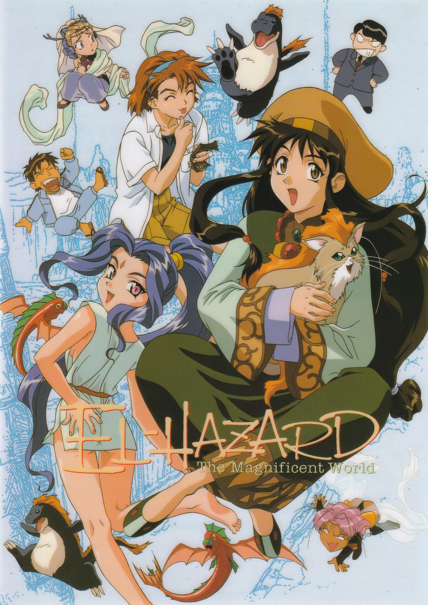 1990s_(style) alielle angry banknote bare_legs barefoot black_hair blonde_hair blue_hair brown_hair chibi copyright_name crossdressing dark_skin diva_(el_hazard) el_hazard facial_mark forehead_mark fujisawa_masamichi harem_pants hat headband high_ponytail highres insect_wings jinnai_katsuhiko jinnai_nanami long_hair looking_at_viewer mizuhara_makoto money multiple_boys multiple_girls non-web_source open_mouth pants pink_hair ponytail purple_hair red_hair retro_artstyle rune_venus scan school_uniform shoes short_hair shorts smile uura_(el_hazard) wings