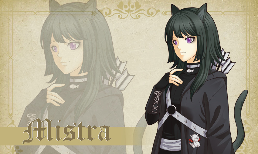 1girl animal_ears arrow_(projectile) aureliaaurine black_cloak black_eyeshadow black_gloves black_hair cat cat_ears cat_girl cat_tail character_name choker cloak commission commissioner_upload dragon eyeshadow fingerless_gloves fire_emblem fire_emblem:_radiant_dawn fish gloves hand_on_own_chest harness highres makeup nintendo o-ring o-ring_harness original portrait purple_eyes sash silver_choker smile solo tail turtleneck white_sash