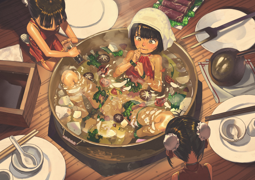 3girls absurdres alcohol bandana bare_arms bare_shoulders bathing bdsm black_hair blunt_bangs blush bondage bottomless bound bound_legs bound_wrists bowl breasts brown_eyes brown_hair bun_cover cabbage china_dress chinese_clothes chopsticks closed_mouth collarbone cooking curled_fingers dishes double_bun dress dudou female_focus female_pubic_hair food frogtie from_above green_sweater hair_bun hair_up halterneck hand_to_own_mouth hand_up highres hotpot in_food indoors kneeling ladle lips looking_at_another looking_at_self looking_down loose_hair_strand mandarin_collar masu meat multiple_girls mushroom nape napkin nervous nose nose_blush on_table original oversized_food oversized_object partially_submerged plate pubic_hair pussy red_dress red_footwear roly_poly_(aulischeung) sake shoes short_dress short_hair small_breasts sneakers solo_focus soup spoon spread_legs steam sweat sweater table tareme tears tofu tomato torn_clothes very_short_hair water white_bandana wide_spread_legs wooden_floor