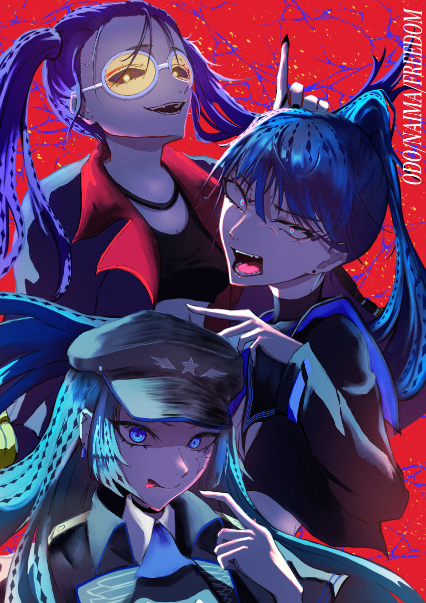 3girls absurdres ado_(utaite) black_hat black_sailor_collar black_shirt black_tank_top blue_eyes blue_hair blue_jacket breasts cleavage commentary_request crop_top earrings facial_mark fangs freedom-chan_(ado) freedom_(ado) hair_between_eyes hand_up hat highres jacket jewelry long_hair long_sleeves midriff multiple_girls naima_(ado) odo-chan_(ado) odo_(song) open_clothes open_mouth open_shirt ponytail red_background sailor_collar shirt sidelocks sido_(sido_mrtsnkc) song_name star_(symbol) star_facial_mark stud_earrings sunglasses tank_top teeth tinted_eyewear tongue tongue_out twintails usseewa white-framed_eyewear yellow-tinted_eyewear