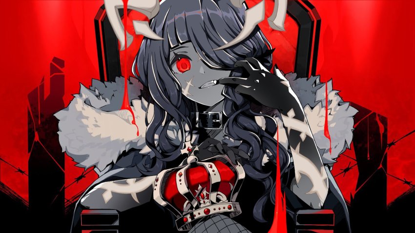 1girl animal_ears bad_id bad_twitter_id barbed_wire black_nails blood blunt_bangs bo.ok body_markings cape choker crown fangs finger_in_own_mouth fishnets fur_trim grey_hair grin hair_over_one_eye highres hood hood_down looking_at_viewer low_twintails nail_polish red_eyes red_riding_hood_(sinoalice) sinoalice smile solo thrown twintails wavy_hair