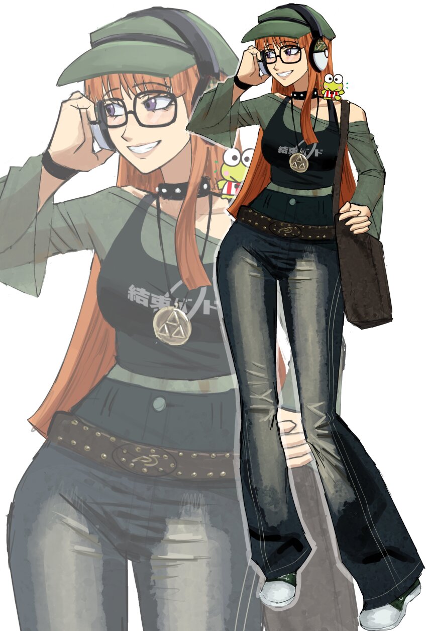 1girl absurdres belt blunt_bangs blunt_ends chaosoded clothes_writing color_connection crop_top crossover denim frog glasses green_shirt hasunoue_keroppi headphones highres jeans kero_kero_keroppi long_hair looking_at_viewer open_mouth orange_hair pants persona persona_5 sakura_futaba sanrio shirt sidelocks simple_background smile solo t-shirt triforce_necklace white_background