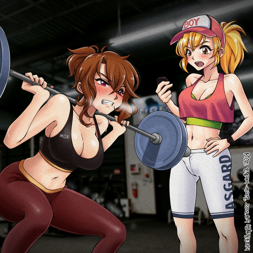2girls armpit_crease artist_name banghwadongjopidi barbell baseball_cap black_sports_bra blonde_hair blurry blurry_background blush breasts breath brown_hair brown_pants ceiling_light character_name cleavage clenched_teeth clothes_writing collarbone commentary_request copyright_name crop_top crop_top_overhang dated erial_(master_of_eternity) exercising feet_out_of_frame film_grain gym hand_on_own_hip hat high_ponytail highres holding indoors korean_commentary large_breasts master_of_eternity midriff mole mole_under_eye mole_under_mouth multiple_girls navel open_mouth ophelia_(master_of_eternity) pants photo_background pink_tank_top ponytail red_eyes red_hat short_ponytail shorts sidelocks sports_bra squat_(exercise) sweat tank_top teeth textless_version two-tone_hat upper_teeth_only watch wavy_hair weightlifting white_hat white_shorts workout_clothes wristwatch yellow_eyes yoga_pants