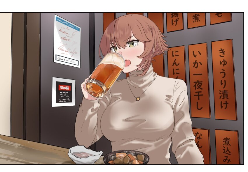 1girl alcohol alternate_costume beer beer_mug brown_hair commentary_request commission cup drinking food green_eyes grey_sweater jouzaburou_(joe3) kantai_collection mug mutsu_(kancolle) saucer short_hair sign skeb_commission solo sweater translation_request unfinished upper_body
