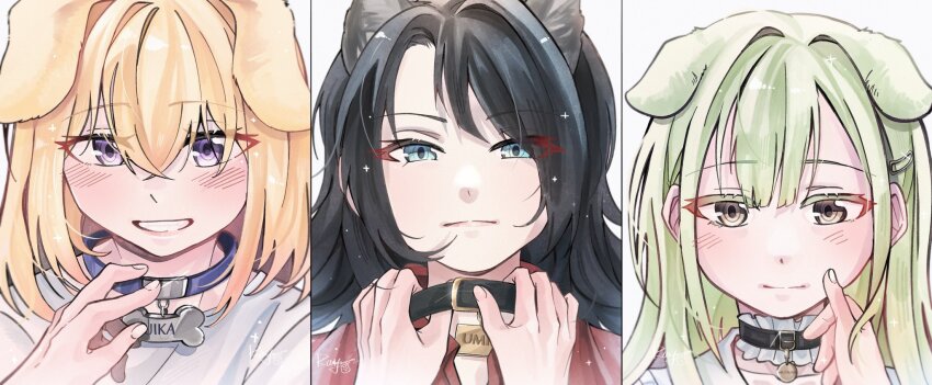 4girls animal_ears bang_dream! bang_dream!_it&#039;s_mygo!!!!! black_choker black_hair blonde_hair blue_collar blue_eyes blush chibi choker close-up closed_mouth collar commentary_request dog_ears female_pov frilled_choker frills green_hair grin hair_between_eyes hair_ornament hairclip hand_on_another&#039;s_cheek hand_on_another&#039;s_face highres long_hair medium_hair misumi_uika multiple_girls name_tag open_mouth pov purple_eyes red_shirt shirt smile solo_focus teeth togawa_sakiko wakaba_mutsumi wolf_ears yellow_eyes yoyoray20001996 yuri