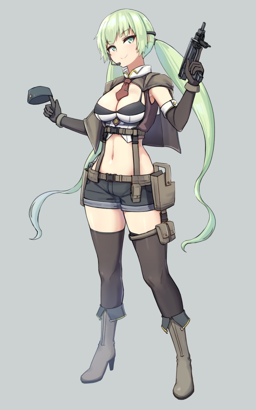 1girl alternate_hairstyle armpits belt black_gloves black_shorts black_thighhighs boots breasts brown_vest capelet cleavage closed_mouth crop_top detached_collar earphones elbow_gloves female_focus full_body girls&#039;_frontline gloves green_eyes green_hair grey_background grey_boots gun hand_up hat high_heel_boots high_heels highres holding holding_gun holding_unworn_clothes holding_unworn_hat holding_weapon holster holstered knee_boots legs_apart long_hair looking_at_viewer low_twintails machine_pistol manme medium_breasts micro_uzi_(girls&#039;_frontline) microphone midriff mini_hat navel necktie pouch red_necktie shirt short_shorts shorts sidelocks simple_background sleeveless smile solo spaghetti_strap standing star_(symbol) submachine_gun thigh_pouch thighhighs trigger_discipline twintails unworn_hat unworn_headwear uzi very_long_hair vest wavy_hair weapon white_shirt wrist_cuffs
