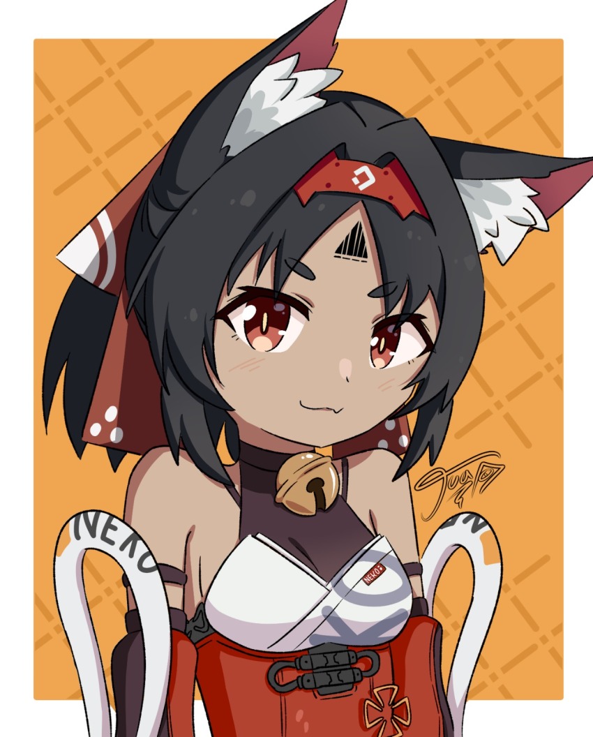 1girl animal_ears bell black_hair blush breasts cat cat_ears closed_mouth collar female_focus jua looking_at_viewer medium_breasts nekomiya_mana nose orange_background red_eyes short_hair solo standing zenless_zone_zero