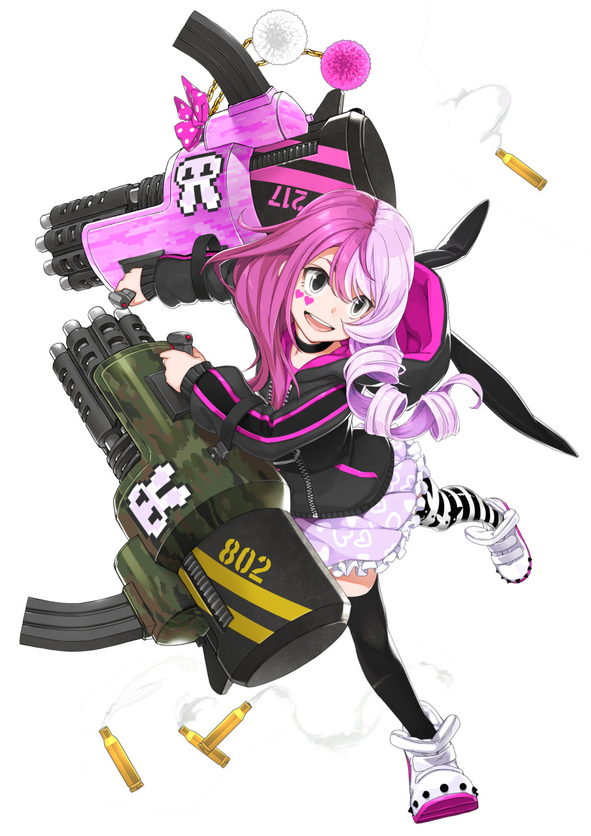 #compass 1girl absurdres animal_hood arm_up asymmetrical_hair asymmetrical_legwear black_choker black_jacket black_thighhighs bow chain choker drill_hair dual_wielding facial_mark female_focus finger_on_trigger flat_chest frilled_skirt frills gatling_gun grey_eyes gun hand_up happy heart highres holding holding_gun holding_weapon hood hood_down hooded_jacket jacket leaning_forward leg_up long_sleeves megumegu miniskirt mismatched_legwear multicolored_hair official_art open_mouth outstretched_arm pink_bow pink_hair pink_shirt poaro pocket polka_dot polka_dot_bow pom_pom_(clothes) purple_hair purple_skirt second-party_source shell_casing shirt shoes sidelocks simple_background skirt smile smoke sneakers solo split-color_hair standing standing_on_one_leg striped_clothes striped_thighhighs swept_bangs teeth thighhighs transparent_background two-tone_hair weapon white_shoes zipper