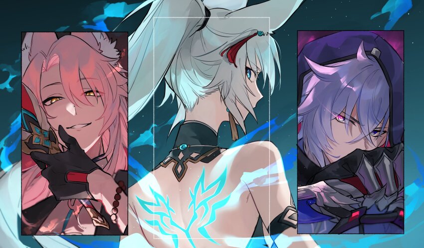 1girl 2boys absurdres animal_ear_fluff animal_ears aqua_gemstone armor back bare_shoulders bead_bracelet beads black_gloves blue_background blue_eyes blue_shirt body_markings bracelet chinese_clothes covered_mouth covering_own_mouth crossed_bangs earrings energy eyeshadow feather_fan feixiao_(honkai:_star_rail) fox_boy fox_ears fox_girl from_behind gem gloves gradient_background grey_armor grey_hair hair_beads hair_between_eyes hair_ornament hand_fan high_ponytail highres holding holding_fan honkai:_star_rail honkai_(series) jewelry jiaoqiu_(honkai:_star_rail) long_hair looking_at_viewer looking_back makeup mandarin_collar moze_(honkai:_star_rail) multiple_boys open_clothes orange_eyes pink_hair ponytail purple_eyes purple_hood purple_shirt red_eyeshadow red_shrug shirt short_hair shrug_(clothing) simple_background single_earring sleeveless sleeveless_shirt smile tangzhuang tassel tassel_earrings tassel_hair_ornament teeth upper_body white_shirt yakota_(usuk-yako)